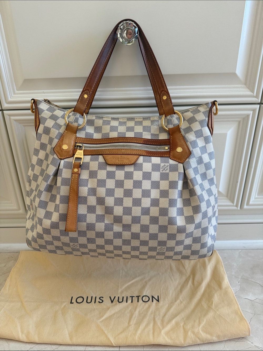 Louis Vuitton Damier Azur Evora MM Canvas Tote with Tan Leather Trim